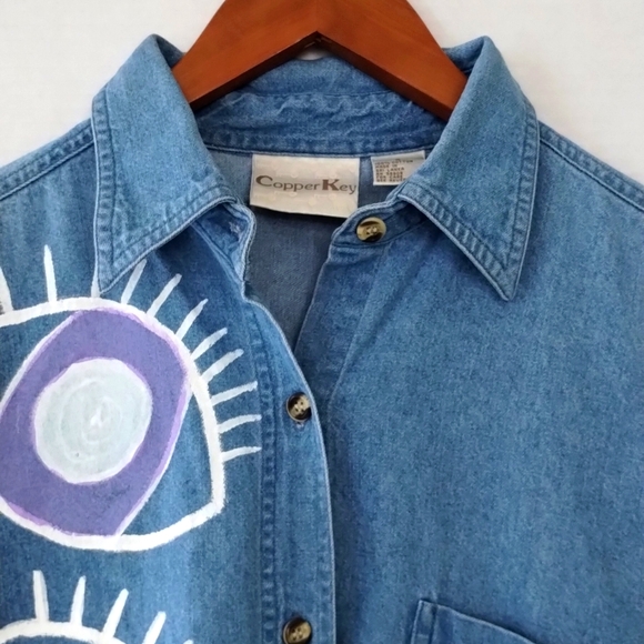 Copper Key denim artsy vest, DIY, small, boho, bohemian, art to wear - Picture 2 of 6